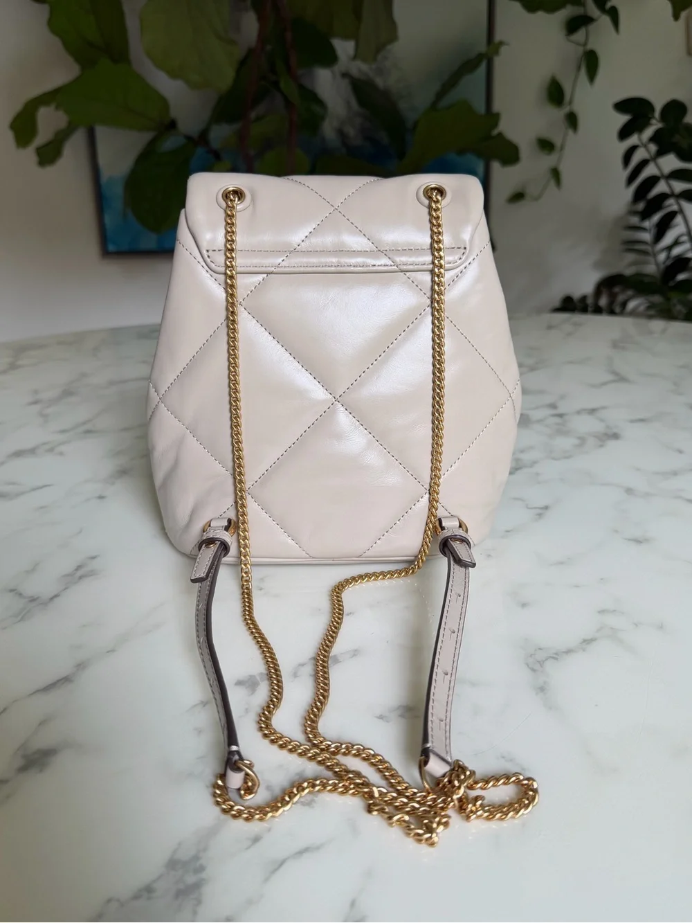 Tory Burch Mini Kira Diamond Quilt Backpack Light Stone Leather